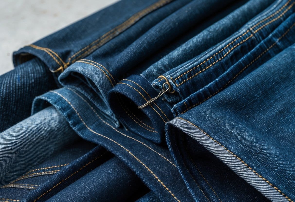 Close-up view of several denim fabric swatches arranged on a neutral background, showing different textures and edges.