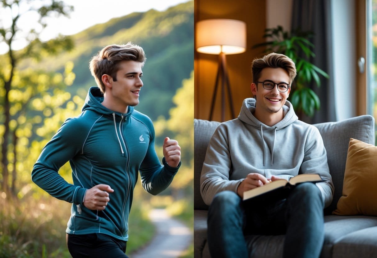 Two people side by side, one outdoors wearing a hoodie hiking in nature, the other indoors wearing a sweatshirt relaxing on a sofa.