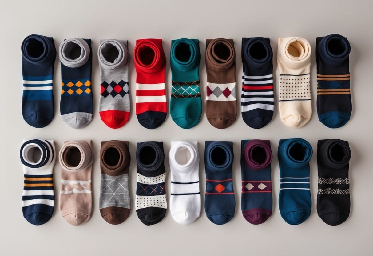A collection of 14 different types of dress socks arranged neatly on a plain background.