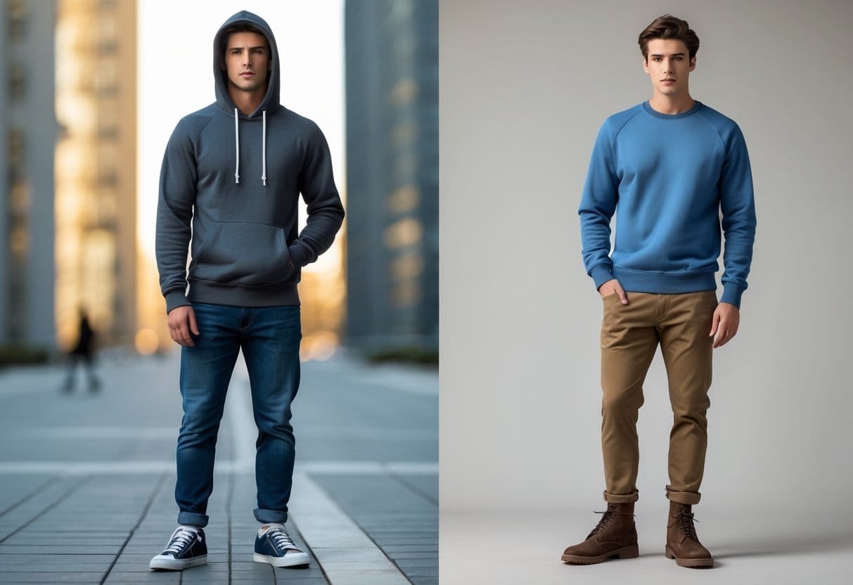 Two young adults standing side by side, one wearing a hoodie and the other a crewneck sweatshirt, in an outdoor urban setting.