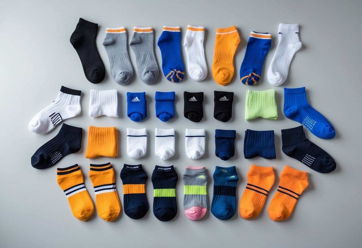 Fourteen different types of athletic socks arranged neatly on a plain background.