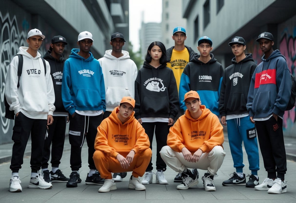 A group of young adults standing outdoors in an urban area, wearing various hoodies and sweatshirts.