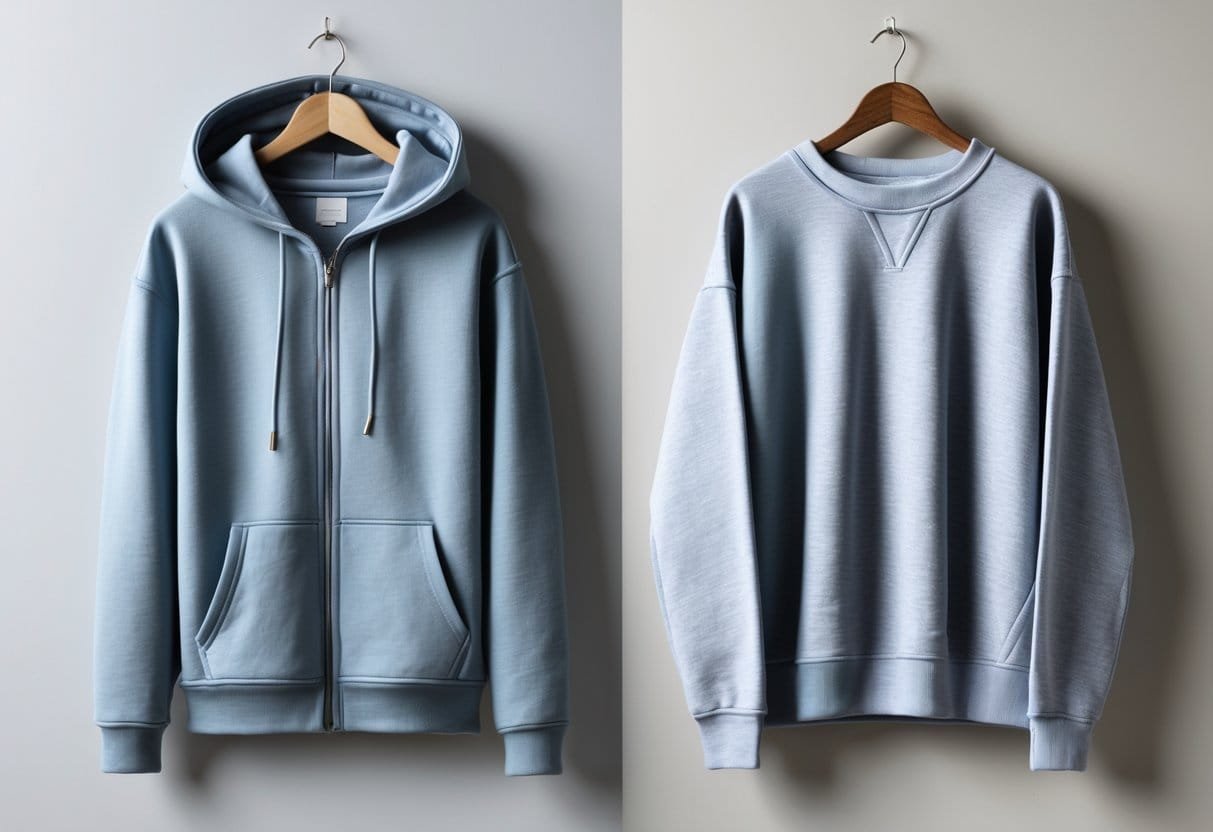 Side-by-side view of a hoodie and a sweatshirt displayed on mannequins showing their fit and size differences.