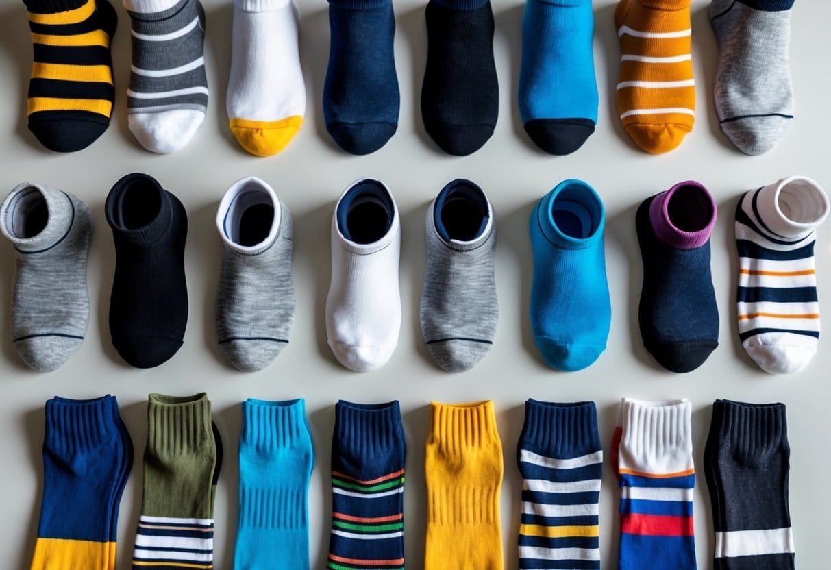 A variety of 14 different types of socks including slipper socks arranged neatly on a neutral background.