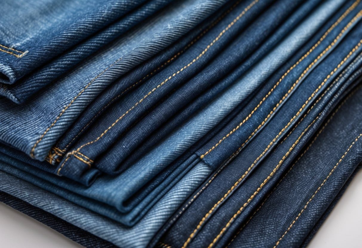Close-up of several denim fabric swatches in different shades and textures arranged on a neutral background.