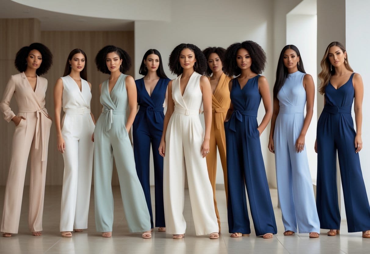 A group of women wearing different palazzo jumpsuits posing confidently in a bright indoor space.