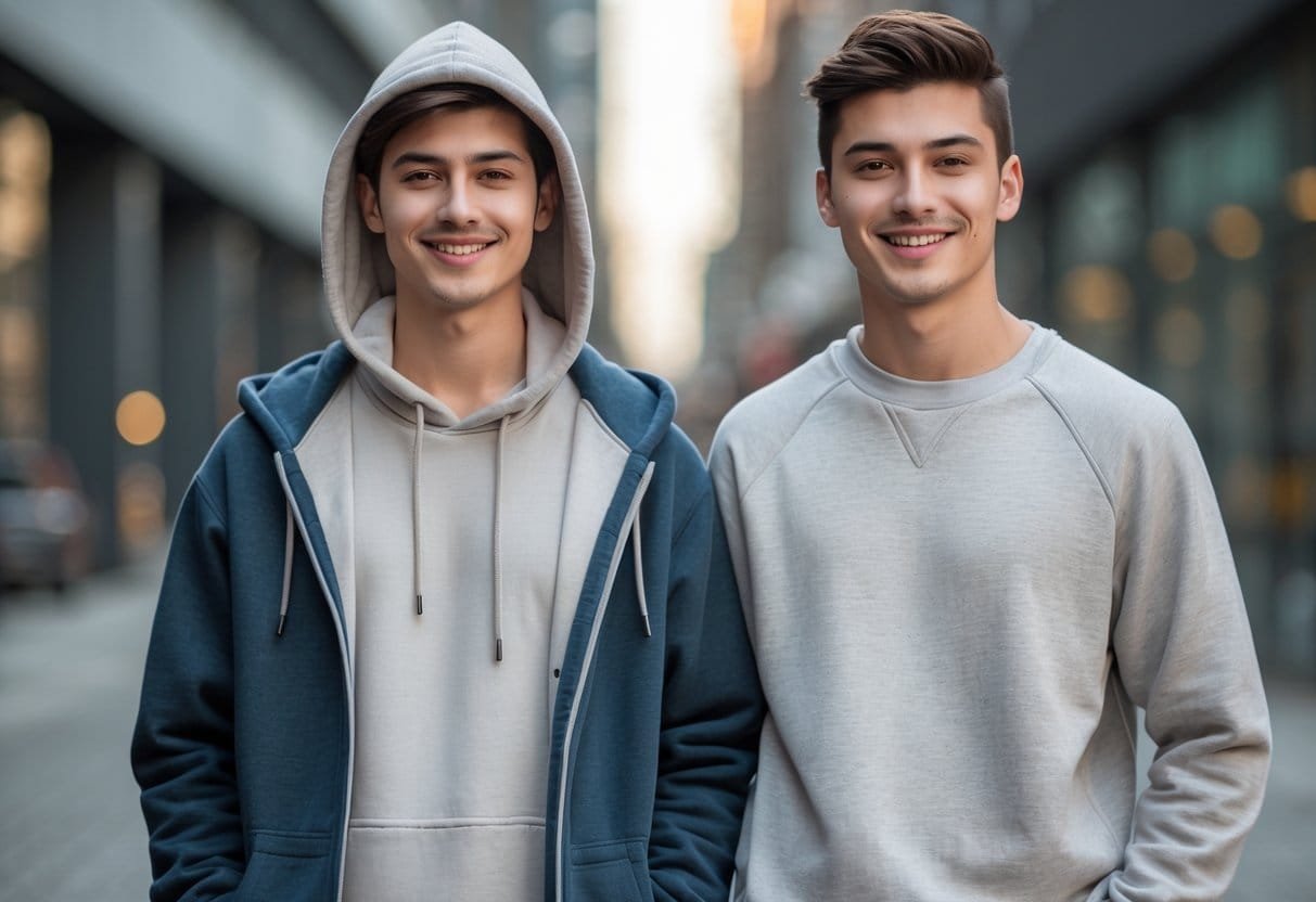Two young adults standing outdoors in casual clothing, one wearing a hoodie and the other a sweatshirt, smiling with a city background.