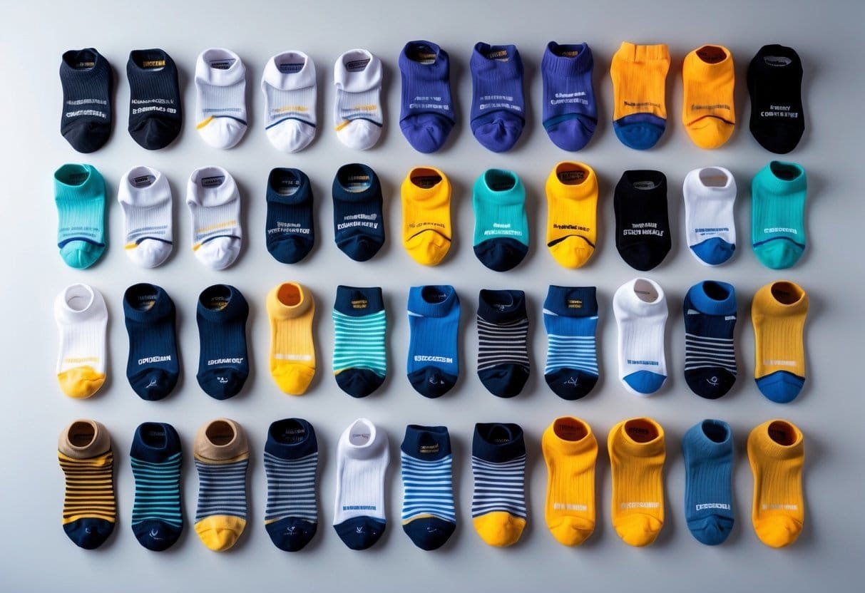 A collection of fourteen different types of diabetic socks arranged neatly on a plain background.