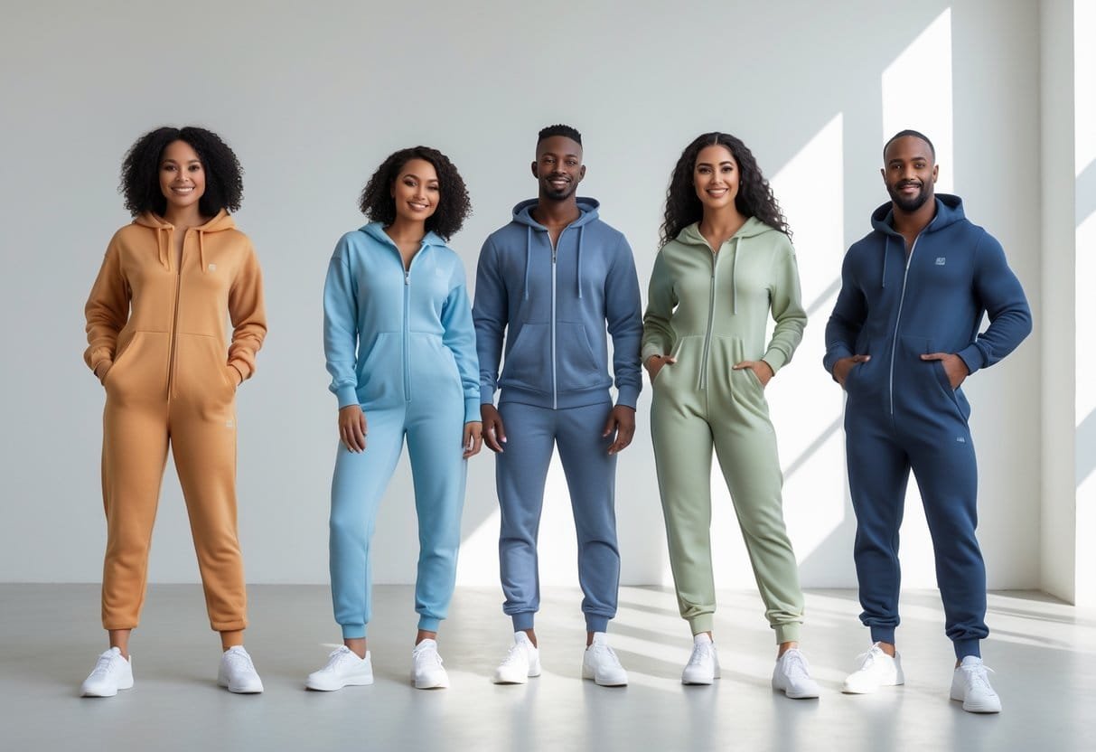 Three adults wearing different styles of comfortable sweatsuit jumpsuits posing in a bright studio.