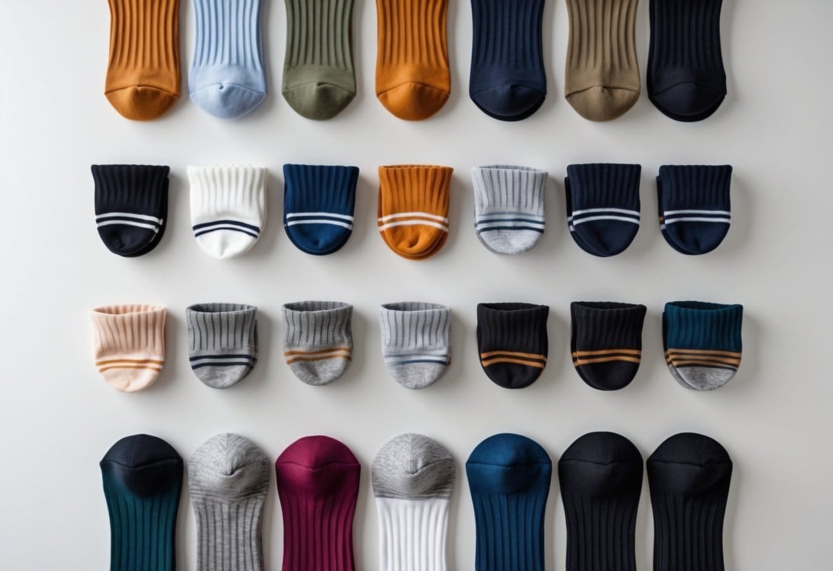 A collection of 14 different types of socks made from various materials arranged neatly on a plain background.