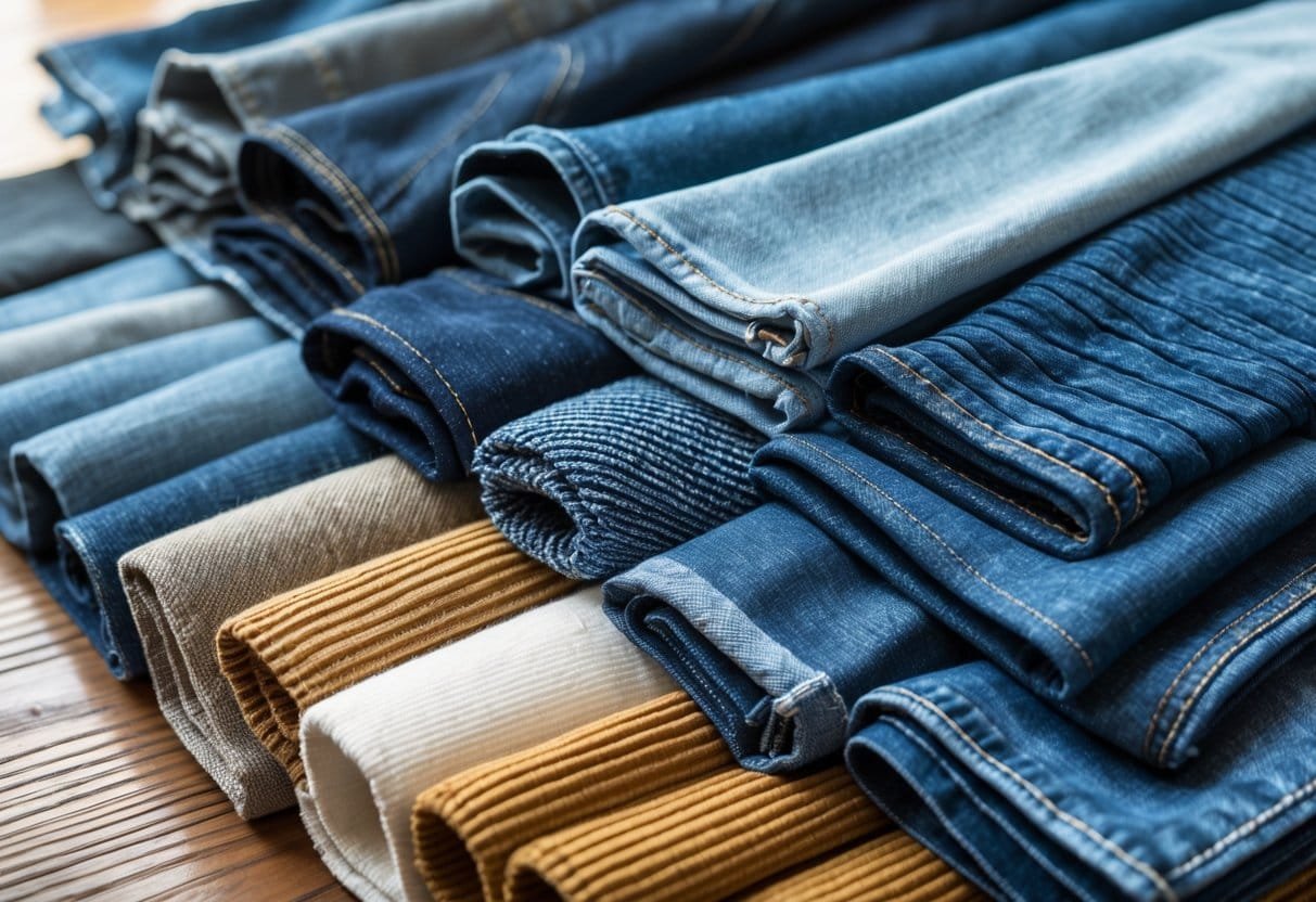Close-up view of various jeans fabrics including denim and corduroy arranged on a wooden surface.