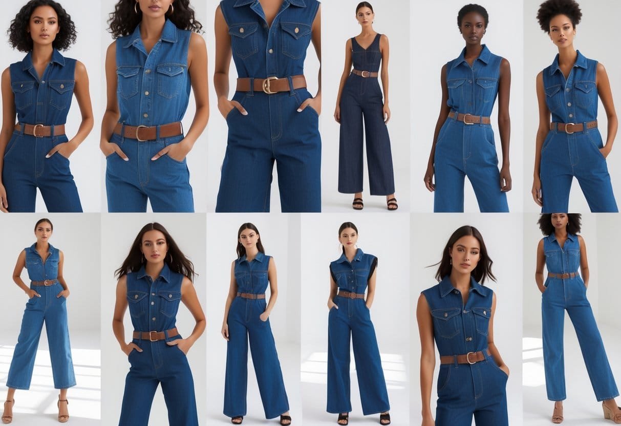 A group of people wearing different styles of denim jumpsuits posing in a bright studio.