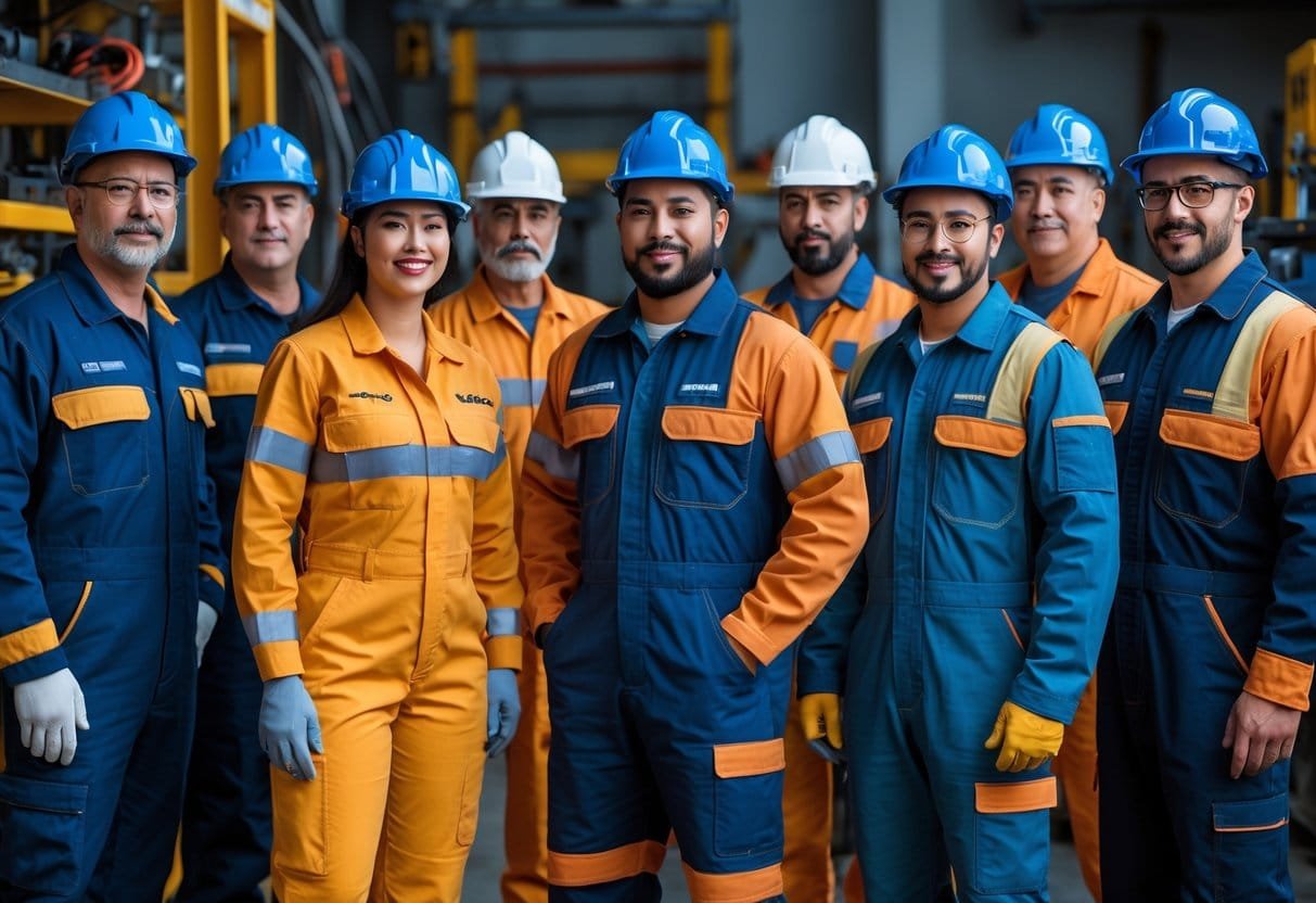 A group of workers wearing different types of utility jumpsuits standing together in an industrial workspace with tools and machinery.