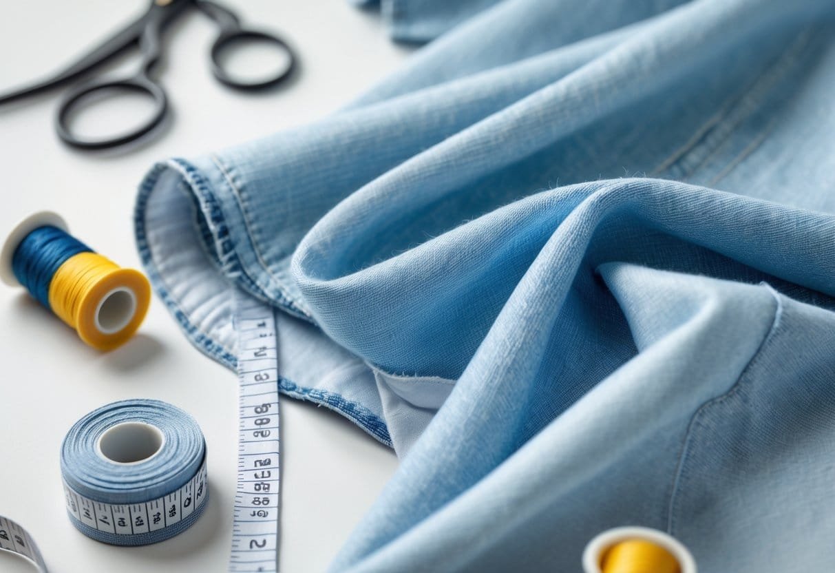 Close-up of light blue lightweight denim fabric with sewing tools arranged on a neutral background.