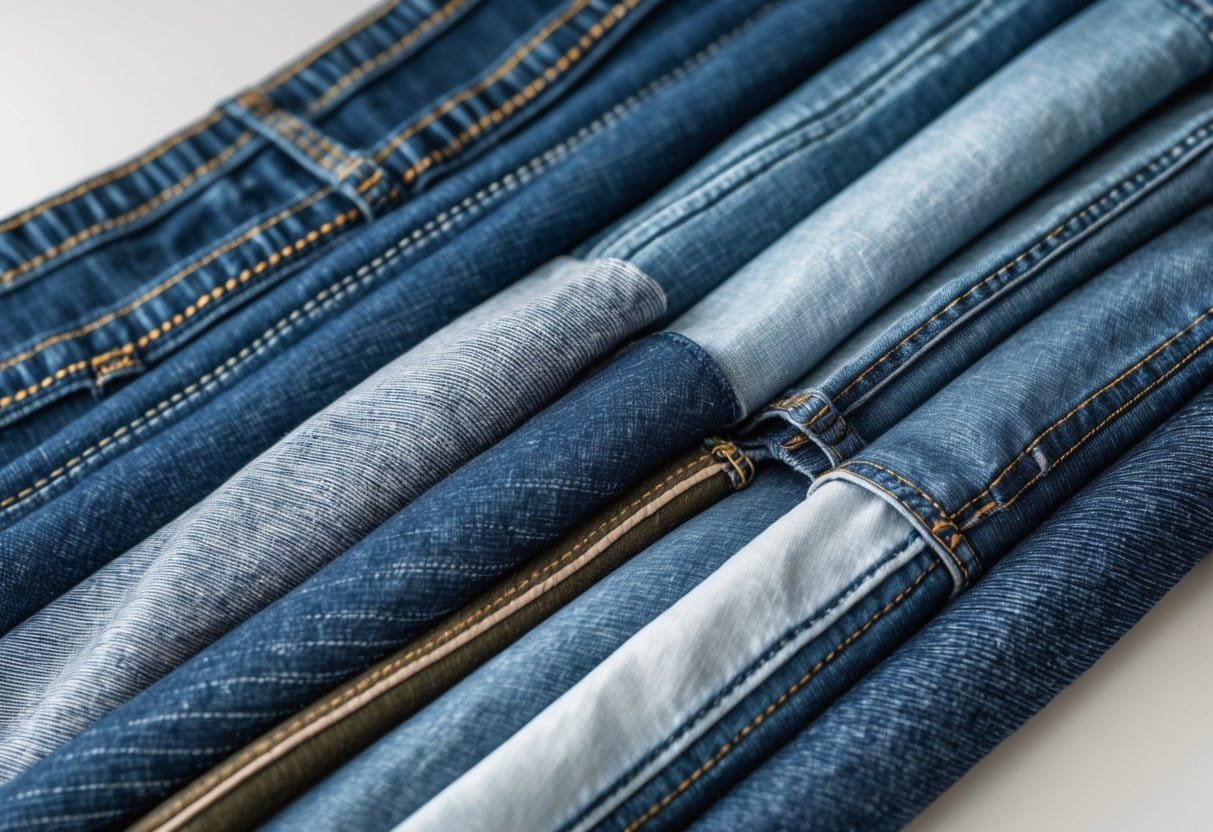 Close-up view of fourteen different denim fabric samples arranged neatly, showing various textures and colors of jeans materials.
