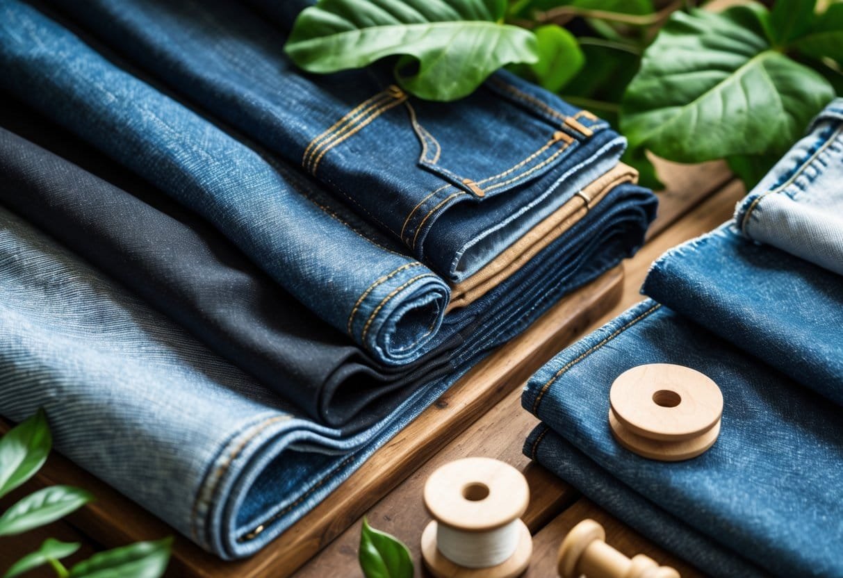 Close-up view of various jeans fabrics and materials arranged on a wooden table with green leaves and sewing tools.