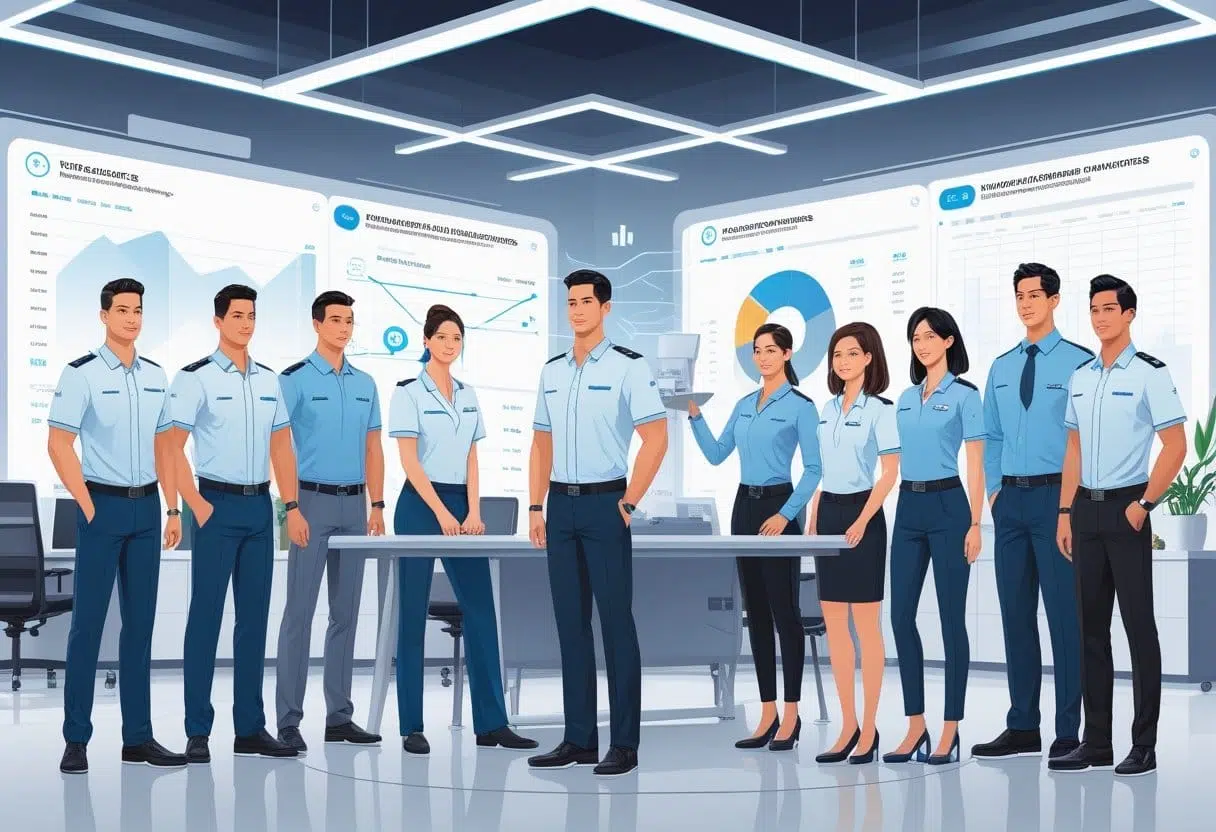 A group of diverse professionals wearing different modern uniforms in a sleek office environment with digital displays in the background.