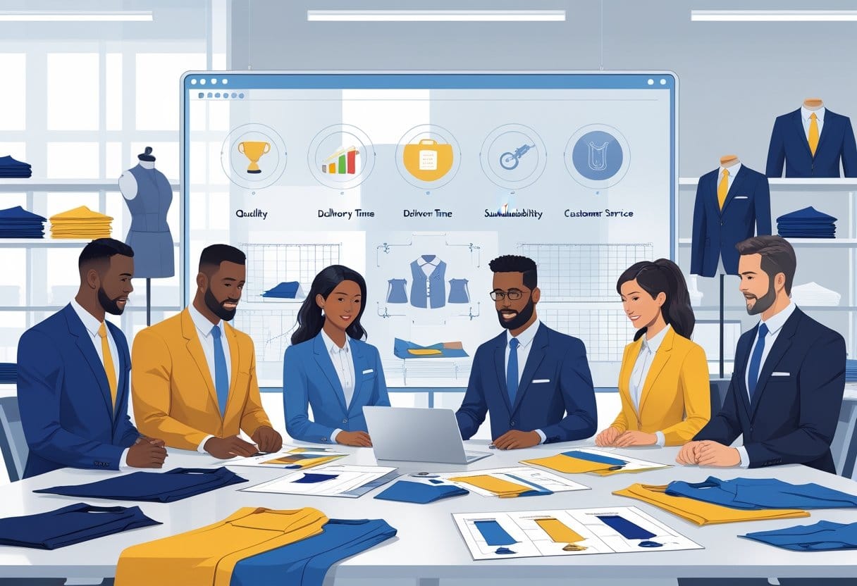 A group of professionals discussing uniform samples and designs around a conference table in an office with mannequins wearing uniforms in the background.