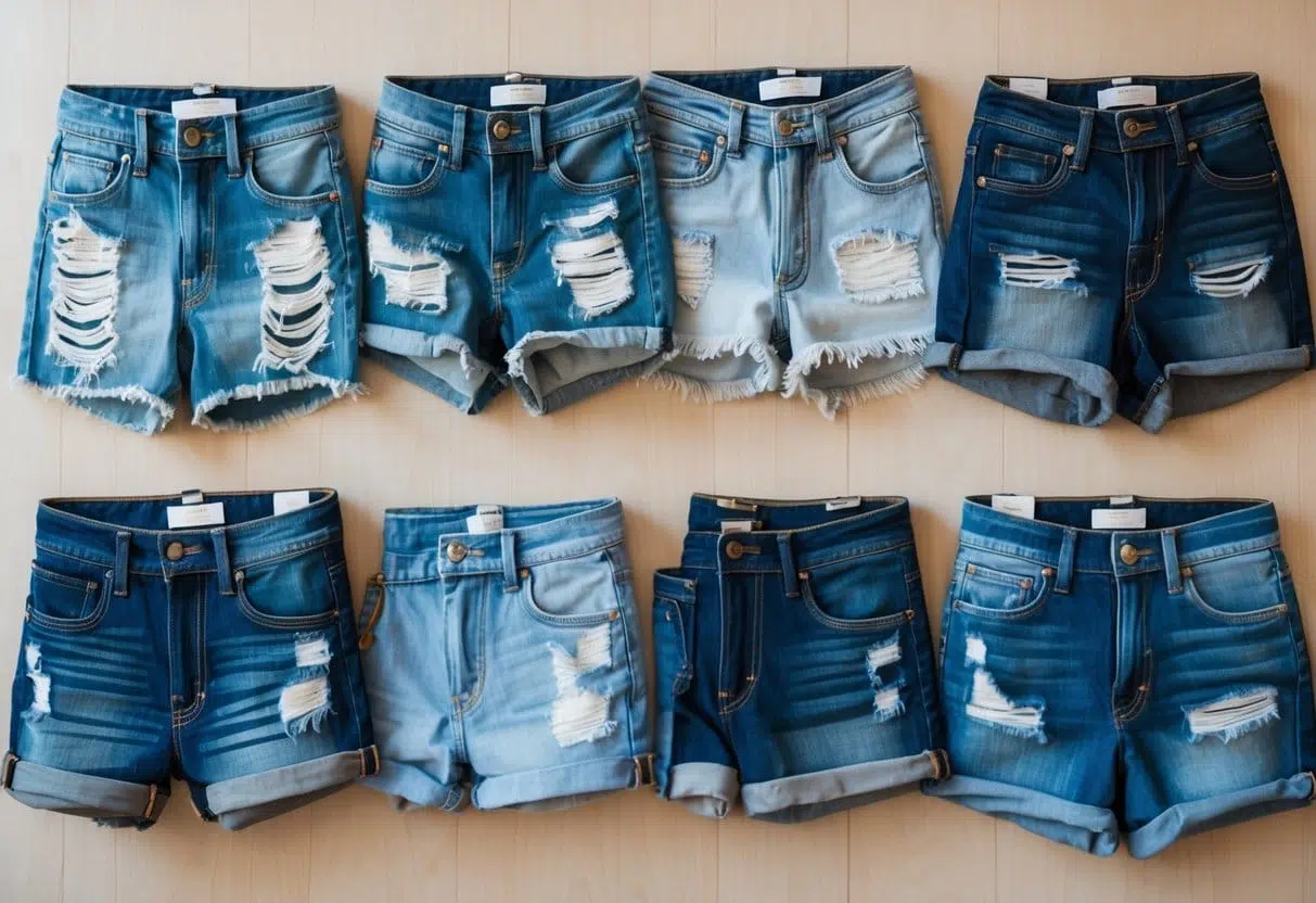 Several pairs of denim shorts in different styles arranged on a wooden surface.