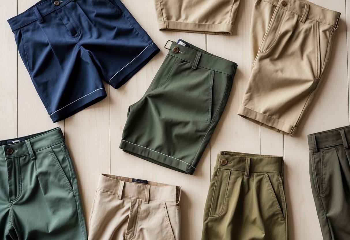Several pairs of chino shorts in different colors and styles arranged on a wooden surface.