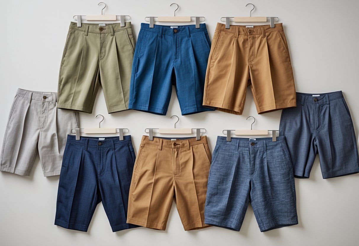 A collection of various Bermuda shorts in different colors and styles displayed neatly on a plain background.