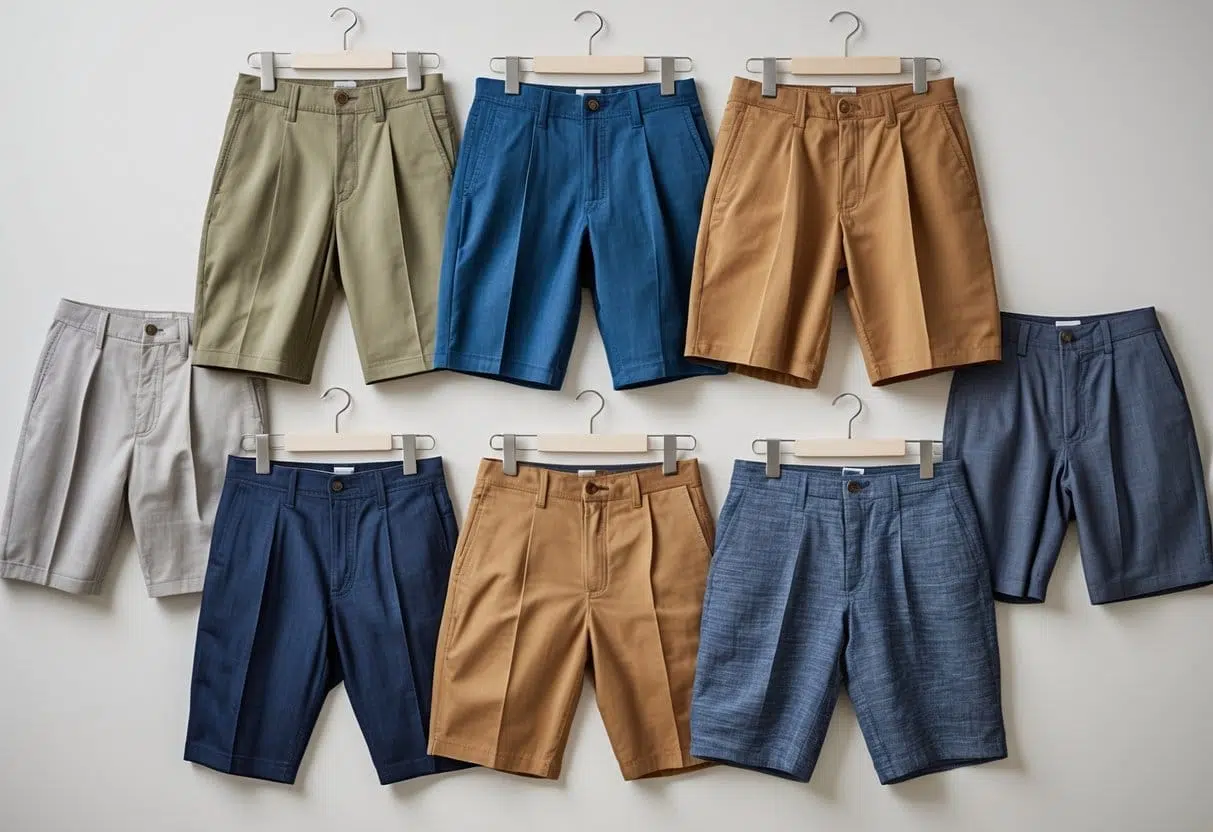 A collection of various Bermuda shorts in different colors and styles displayed neatly on a plain background.