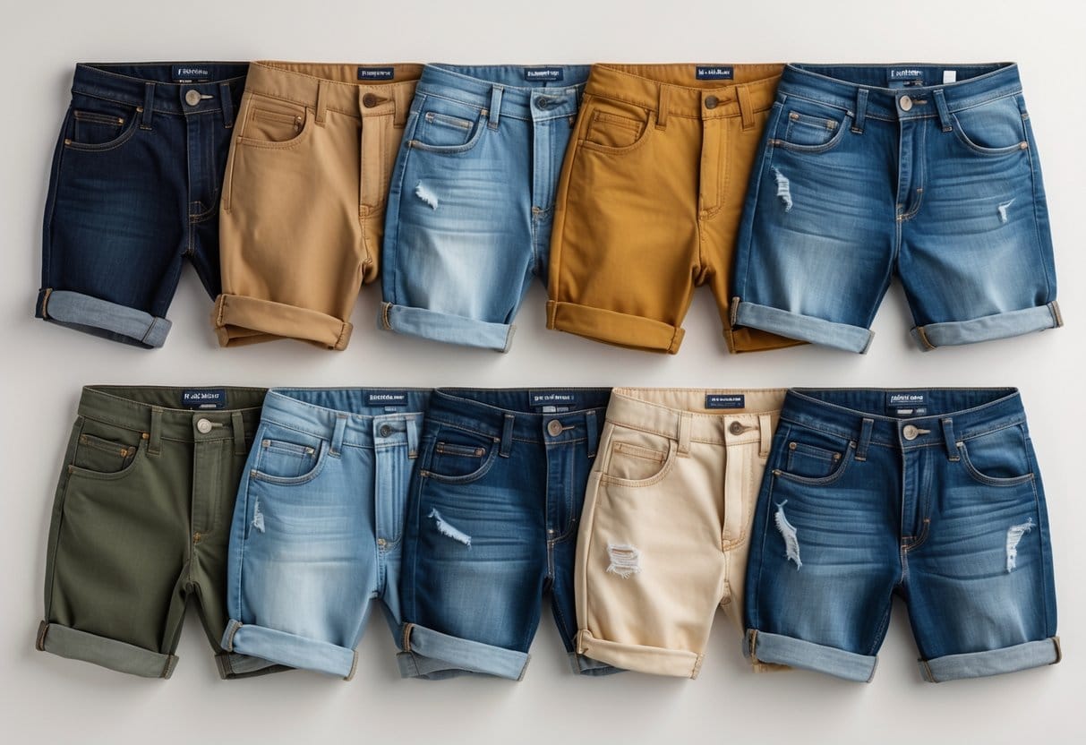 Several pairs of boyfriend shorts in different styles and colors arranged on a plain background.