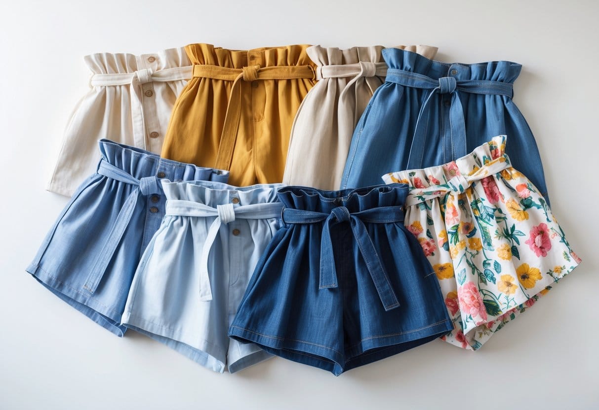 A collection of different paperbag shorts in various colors and fabrics arranged on a white background.