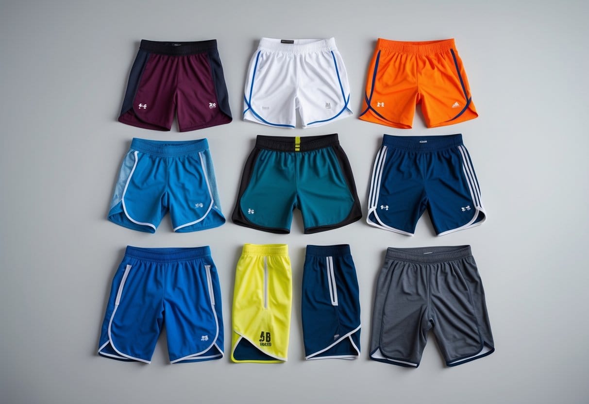 A variety of athletic shorts types arranged neatly on a neutral background, showing different styles and materials.