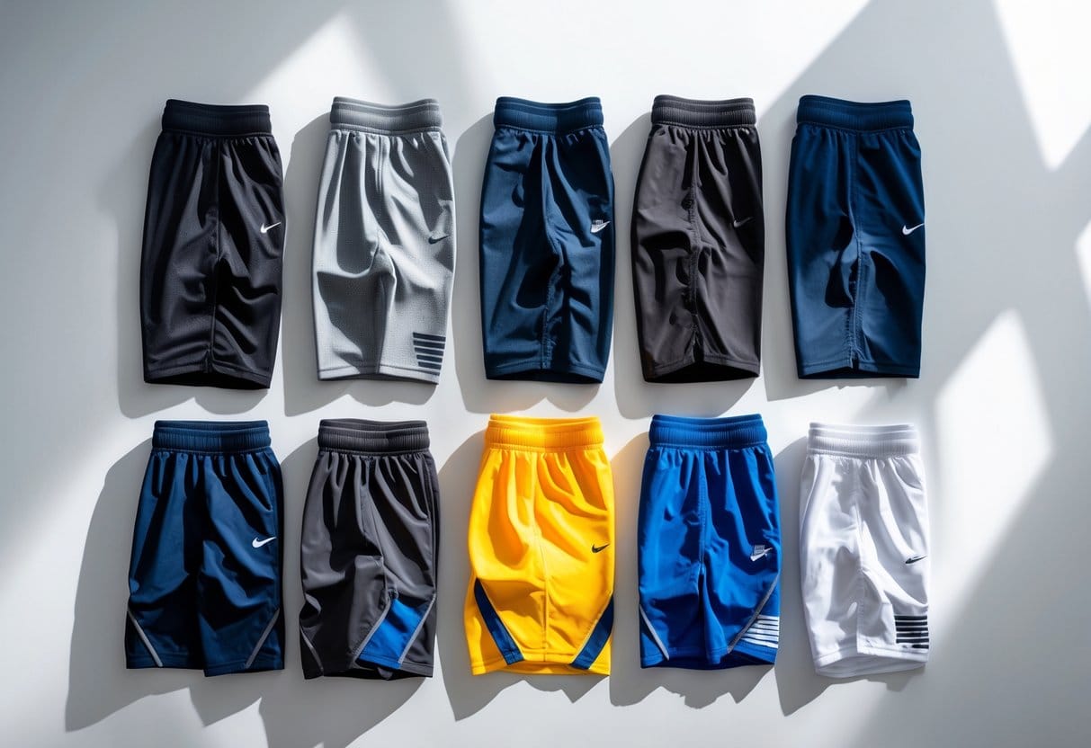 A variety of gym shorts displayed on a white surface, showing different styles and colors.