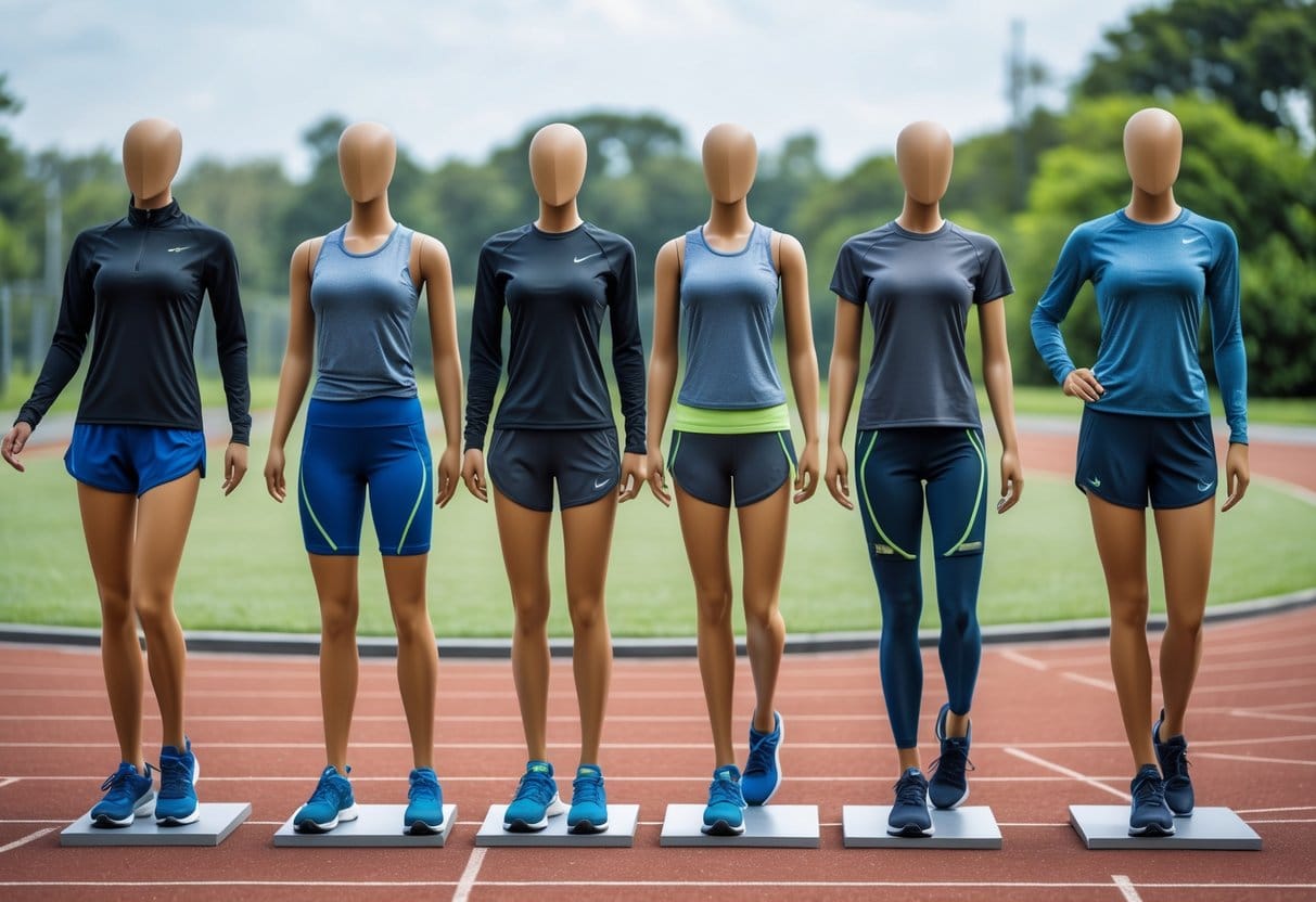 Several types of running shorts displayed on diverse athletes outdoors near a running track.