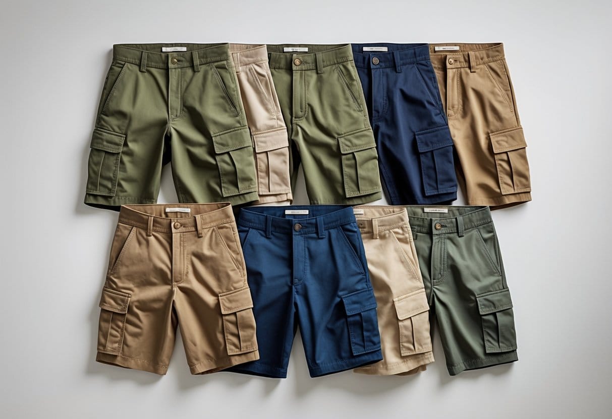 A display of different types of men's cargo shorts in various colors arranged side by side on a plain background.