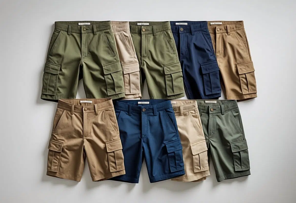 A display of different types of men's cargo shorts in various colors arranged side by side on a plain background.