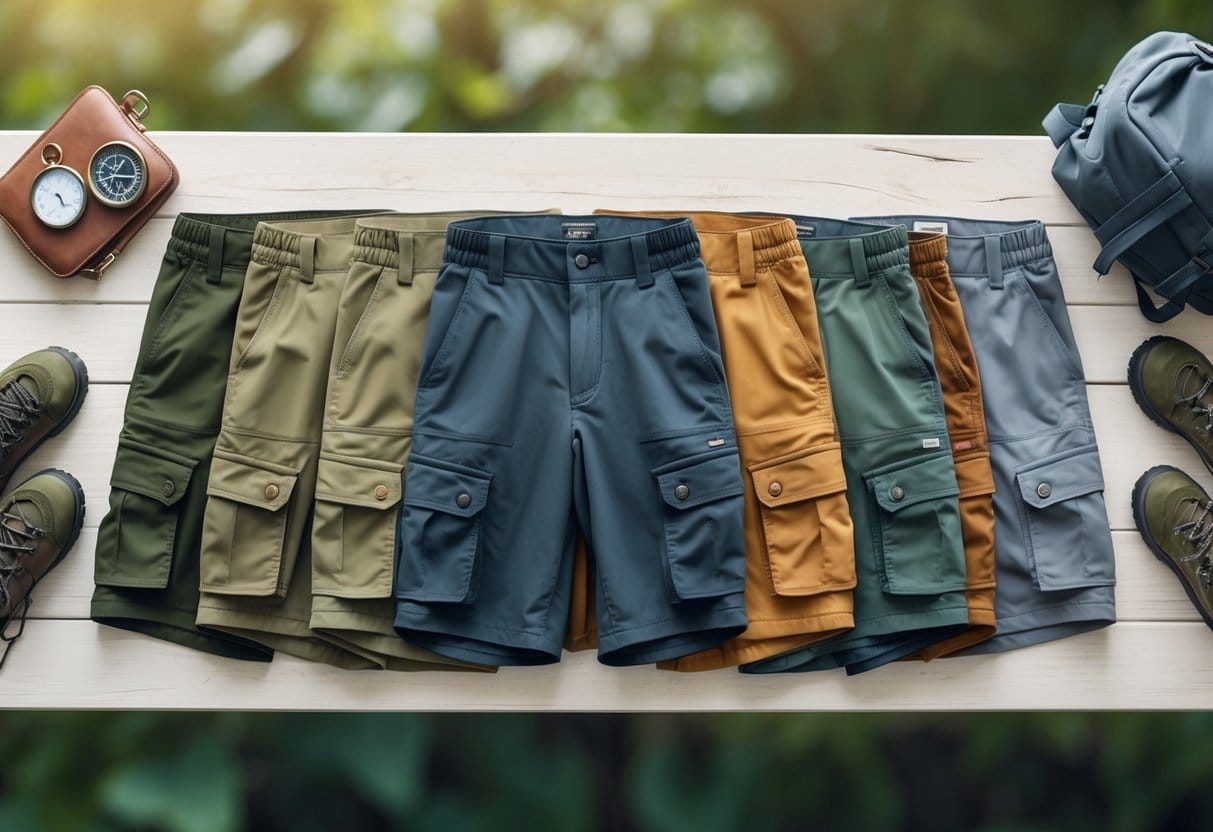 Various types of hiking shorts arranged on a wooden surface outdoors with hiking gear nearby.