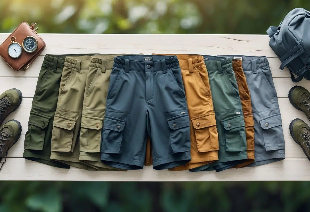 Various types of hiking shorts arranged on a wooden surface outdoors with hiking gear nearby.
