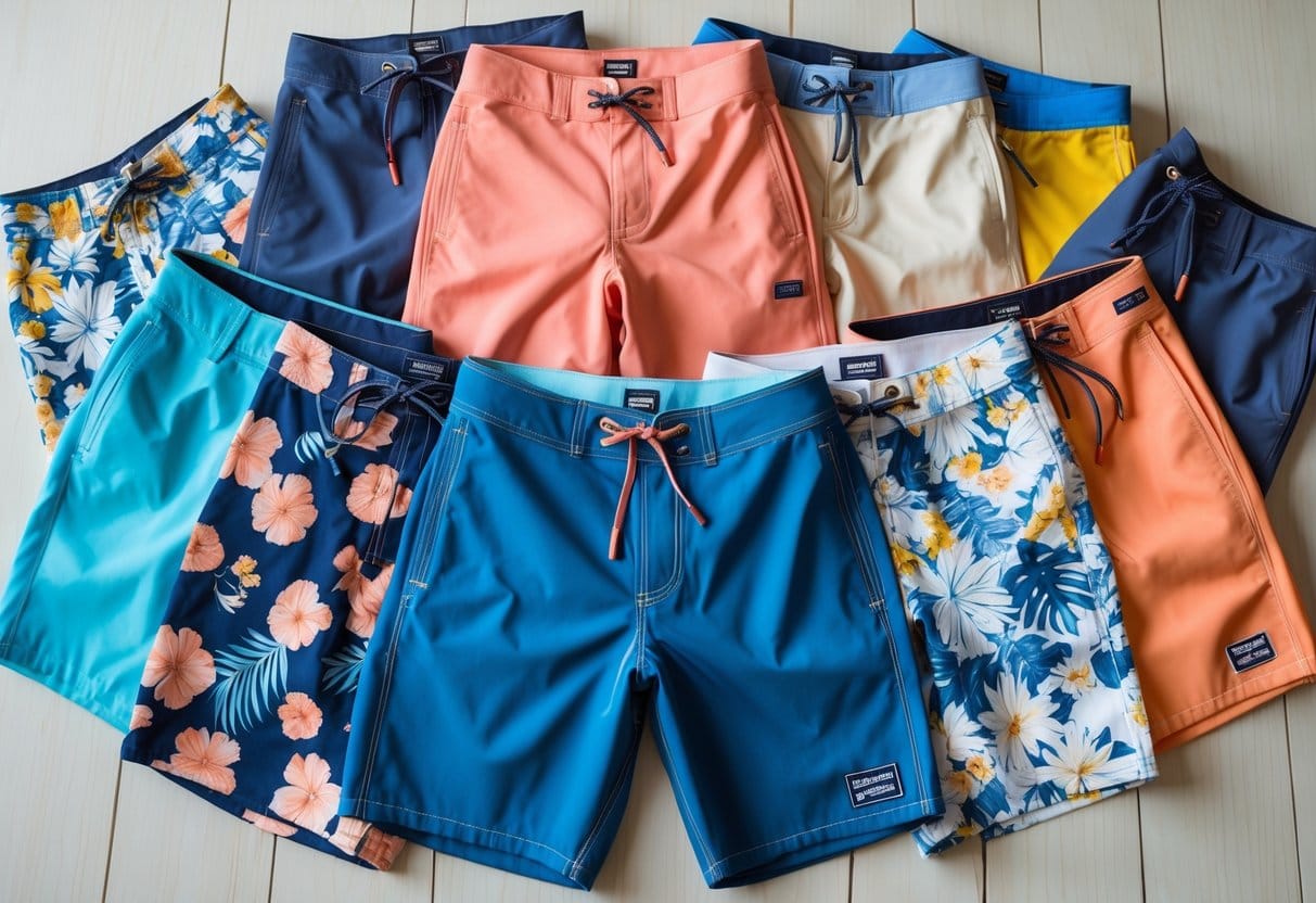 A variety of board shorts in different styles and colors arranged neatly on a wooden surface.