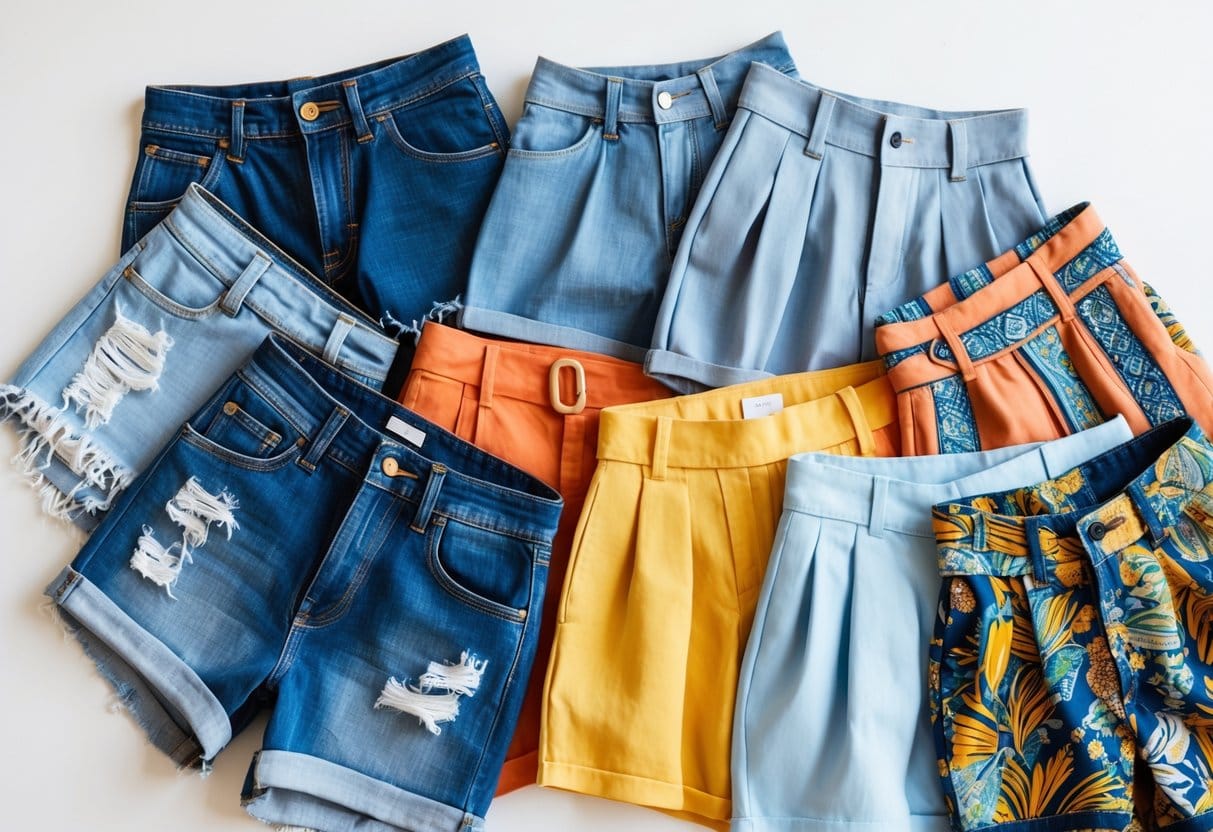 A collection of different types of high-waisted shorts arranged on a white background.