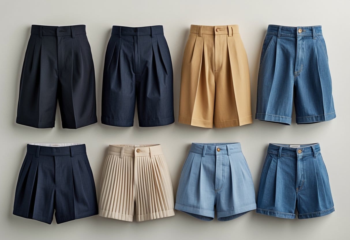 A collection of different pleated shorts displayed on a neutral background.