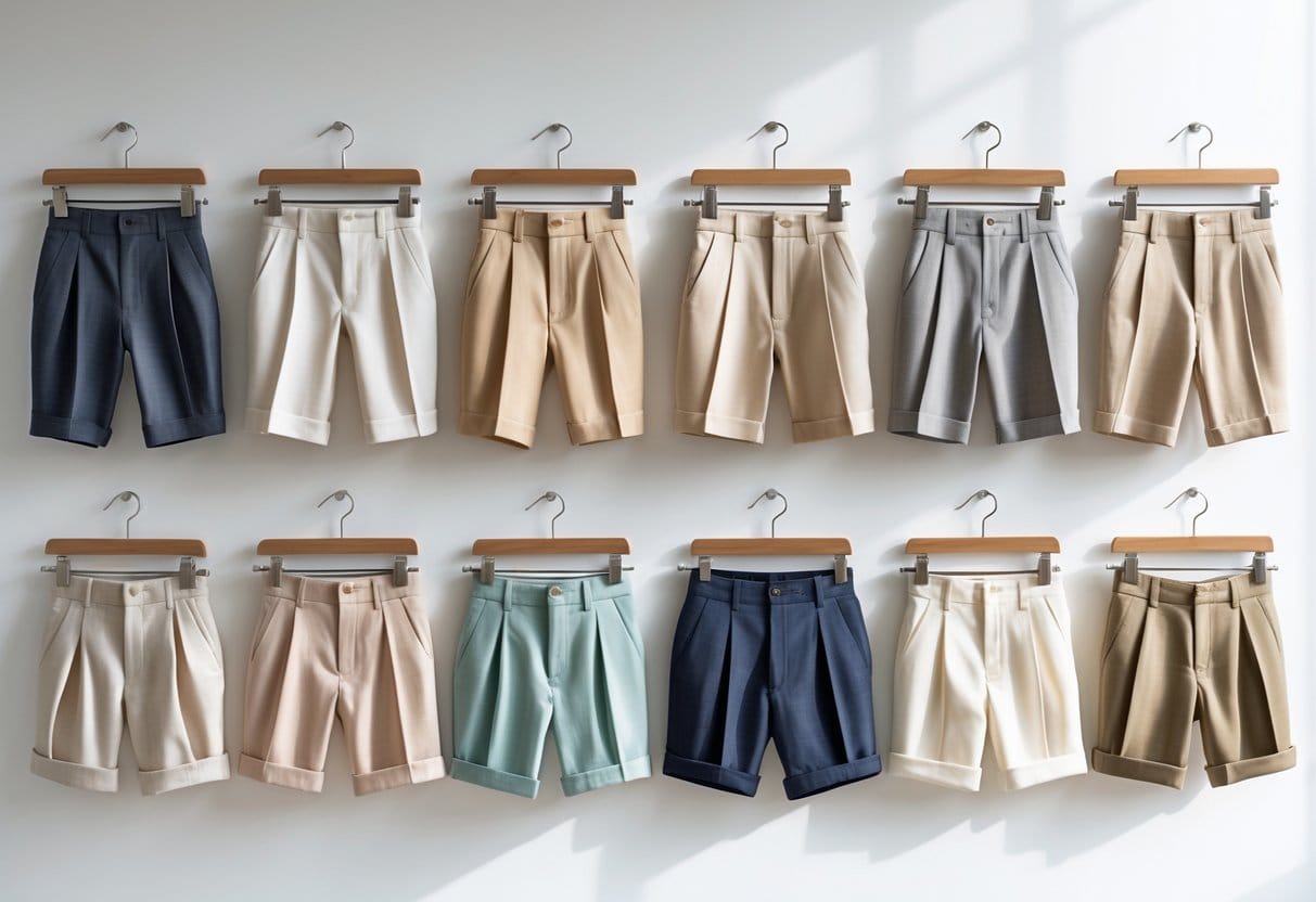 A display of various tailored shorts hanging on wooden hangers against a white background.