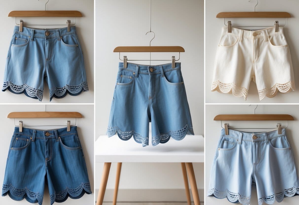 A selection of scallop hem shorts displayed on hangers and a white surface with a neutral background.