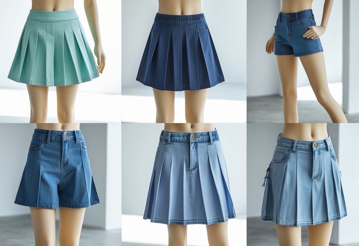 Various types of skorts displayed on mannequins and models in a bright studio, showing different styles and fabrics.