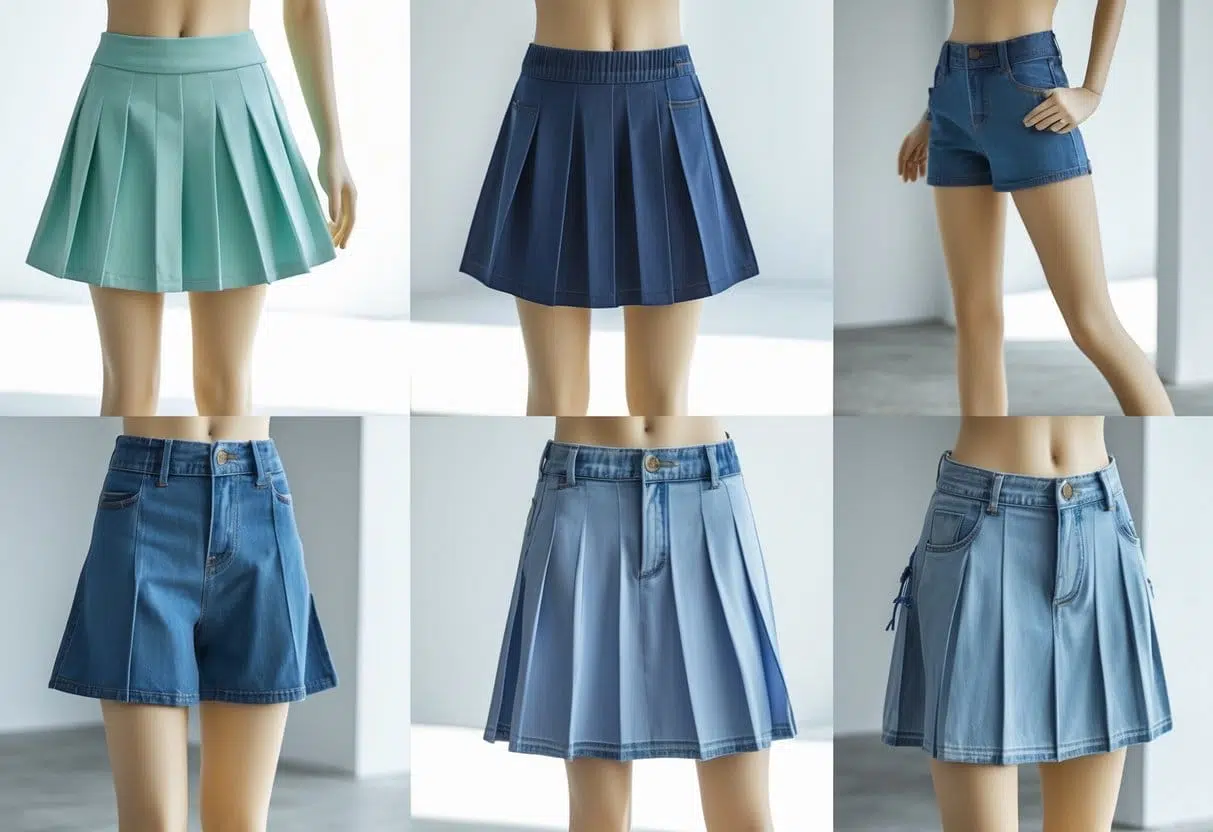 Various types of skorts displayed on mannequins and models in a bright studio, showing different styles and fabrics.