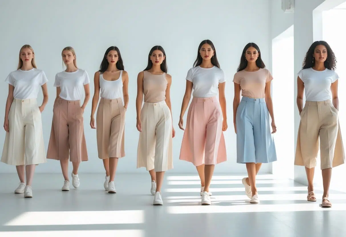 A group of women modeling different styles of culottes shorts in a bright studio.