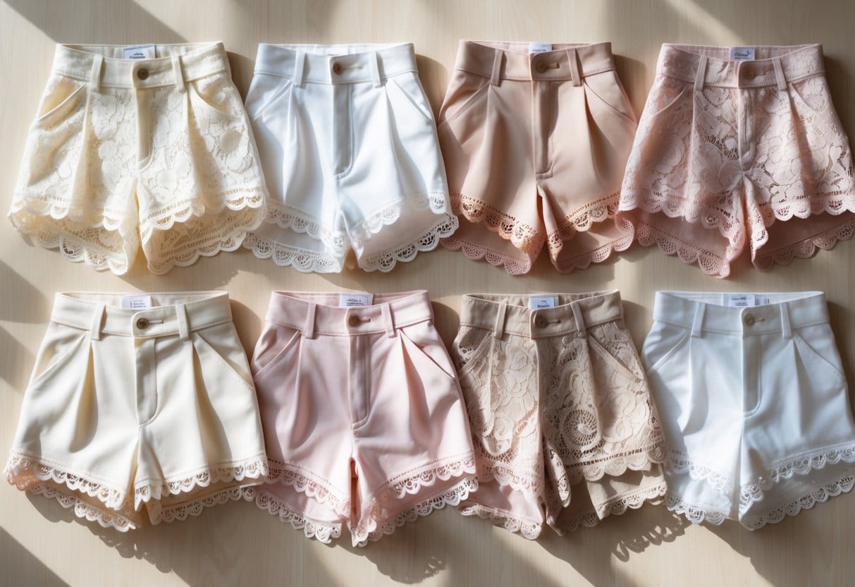 A collection of different lace shorts in pastel colors arranged on a wooden surface.