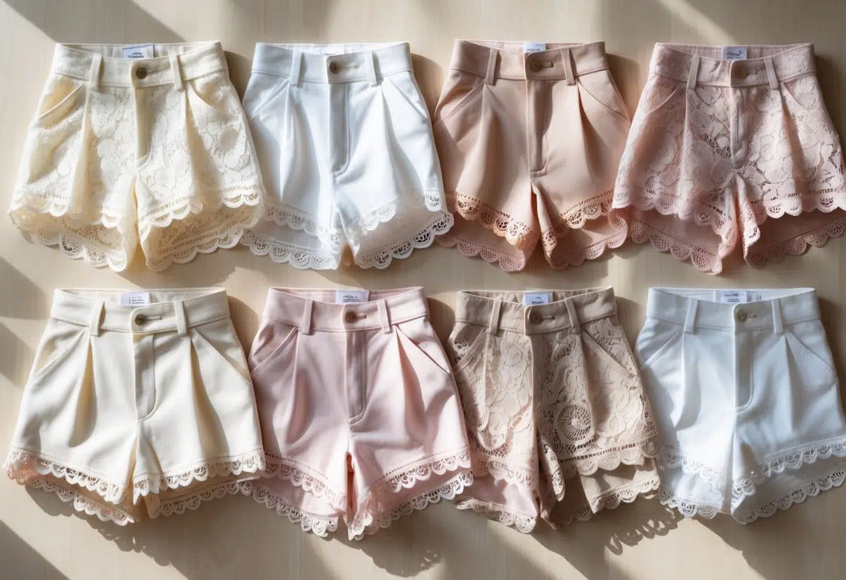 A collection of different lace shorts in pastel colors arranged on a wooden surface.