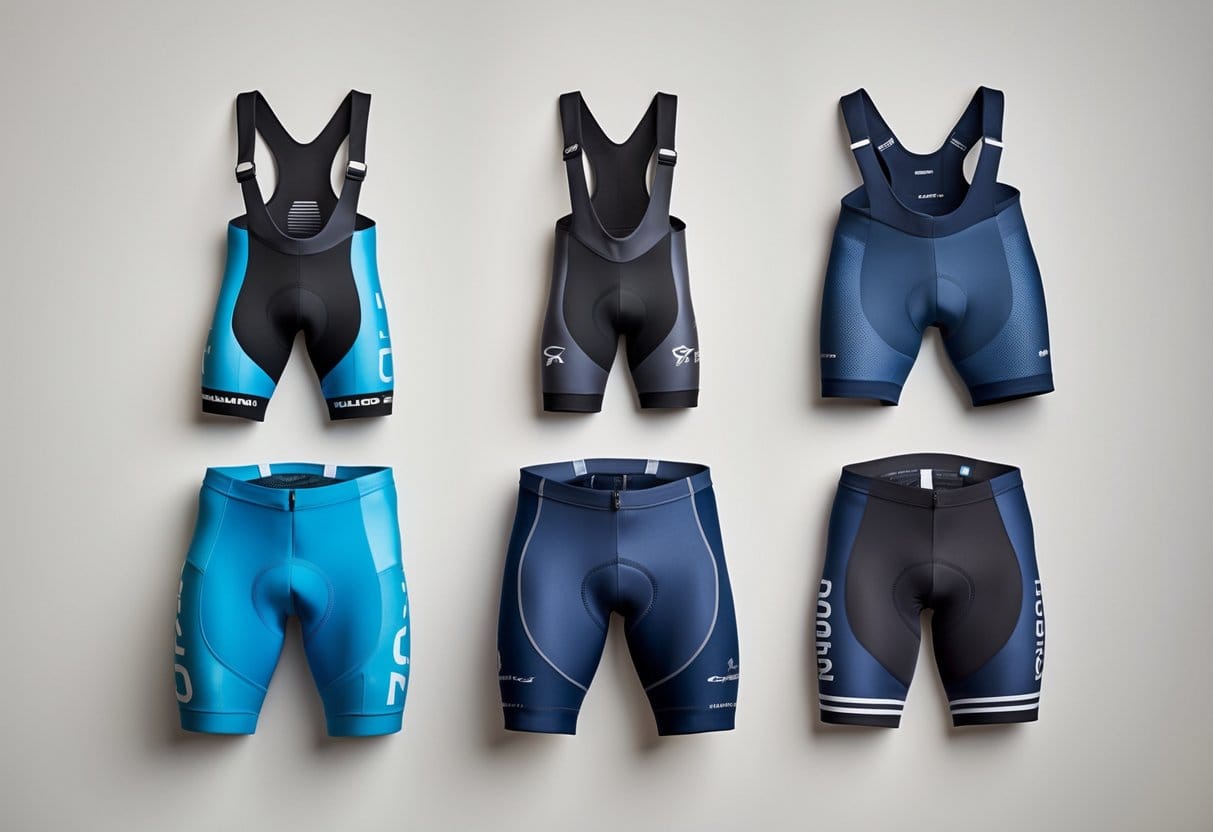 Several different types of cycling shorts displayed side by side on a neutral background.