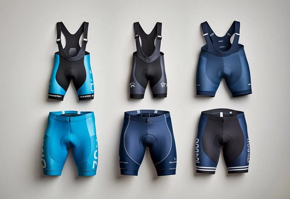Several different types of cycling shorts displayed side by side on a neutral background.