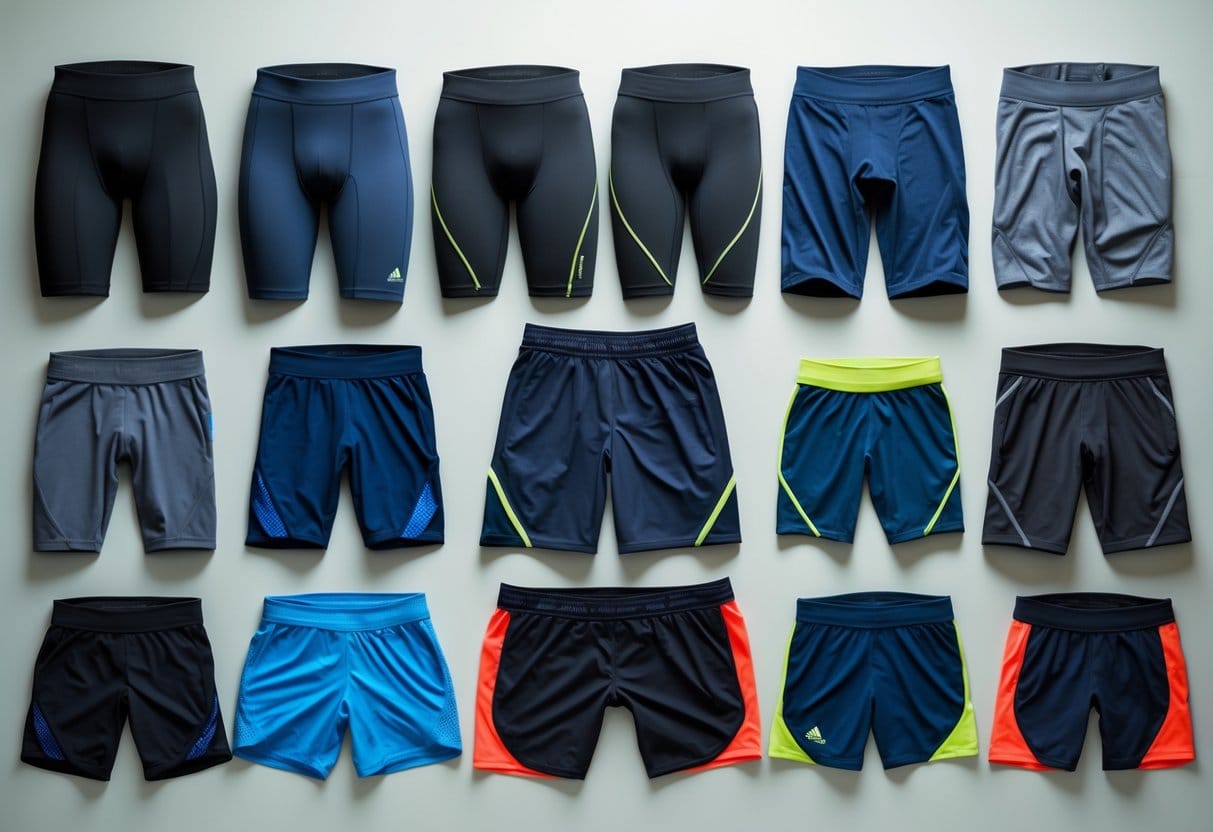 A collection of different types of compression shorts arranged on a light surface, showing various lengths and colors.