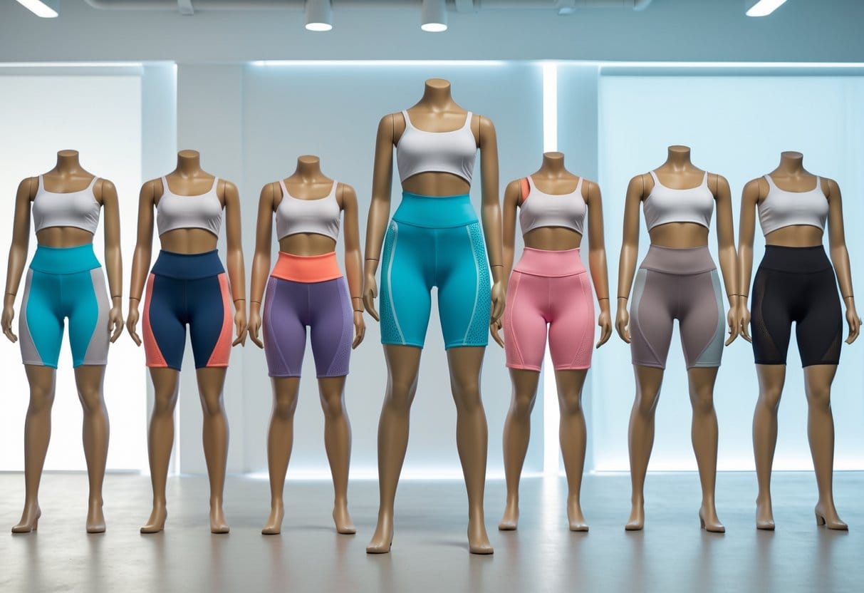 Mannequins displaying different styles of biker shorts in a bright studio.