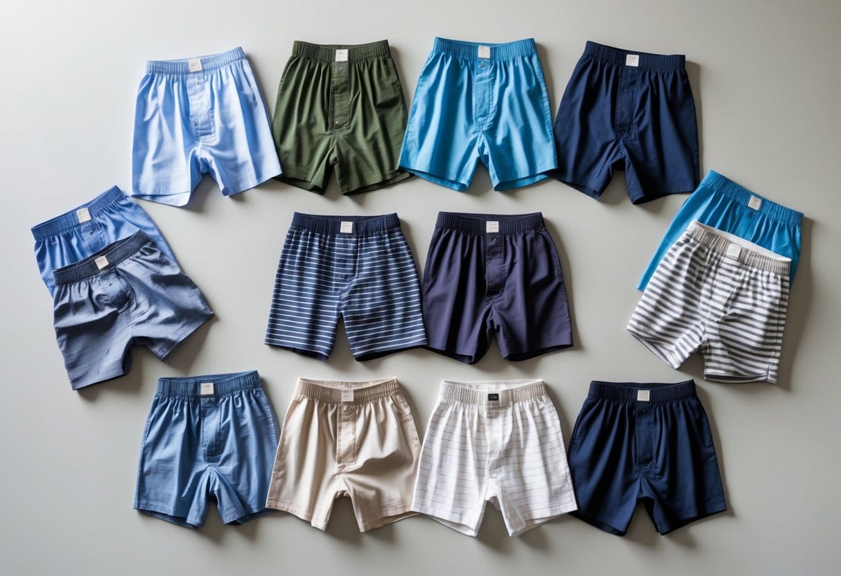 A variety of men's boxer shorts in different styles and colors neatly arranged on a plain background.